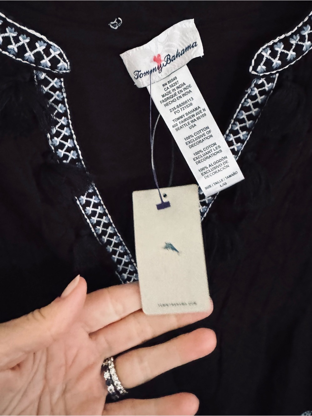 Tommy Bahama Black dress with White Embroidered Trim fully lined. - Picture 6 of 13